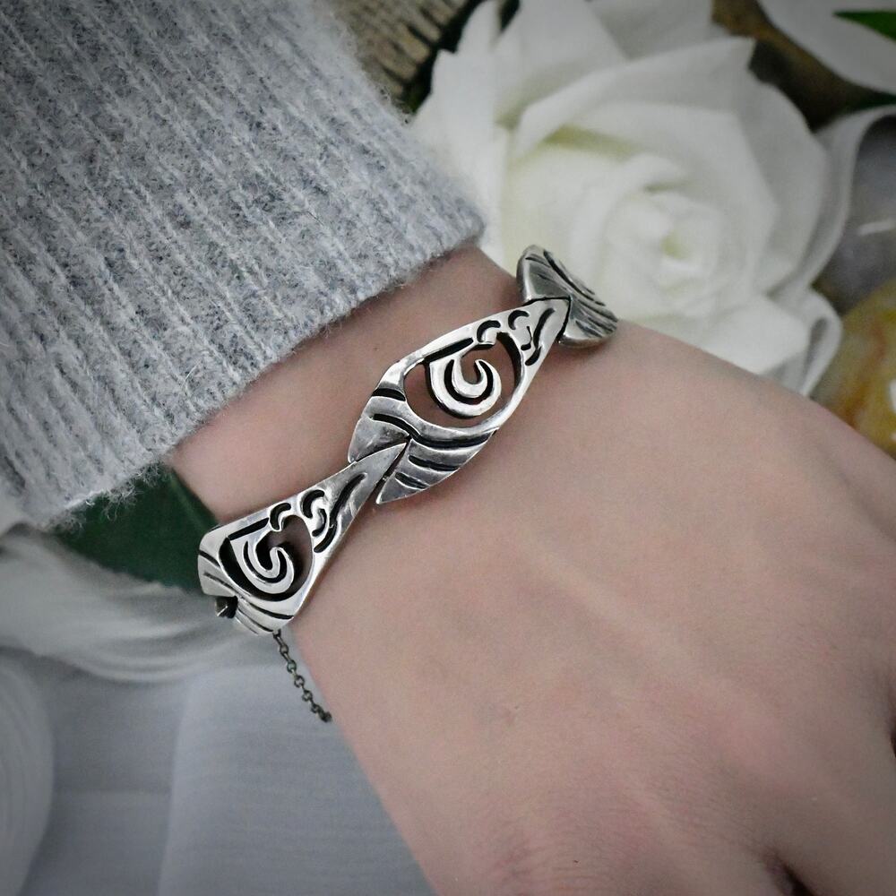Vintage Beto Taxco 41g Sterling Silver Eagle 3 Hinged Bangle Bracelet Mexico 925